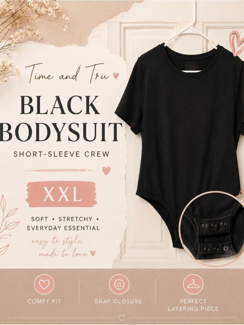 Black Short-Sleeve Crew Bodysuit Size XXL